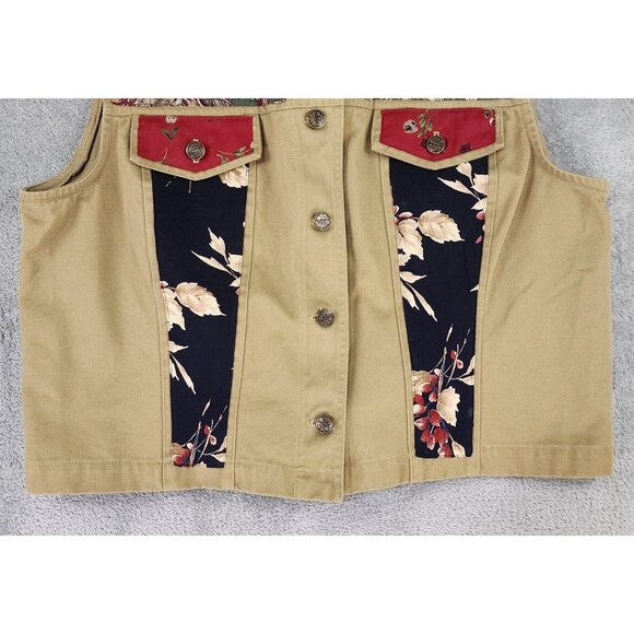 Signature by Jerell Vest Womens XL Beige Denim Floral Patchwork Button Front - Picture 8 of 11